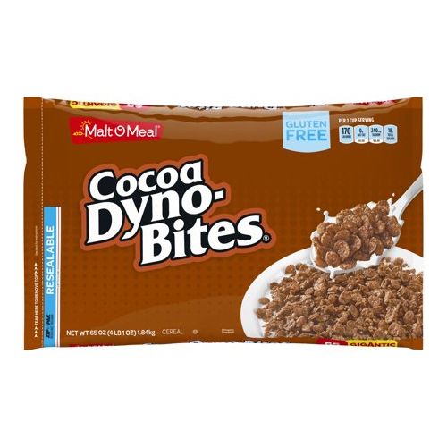 COCOA DYNO-BITES, SWEETENED NATURALLY & ARTIFICIALLY CHOCOLATE FLAVORED RICE CEREAL WITH REAL COCOA