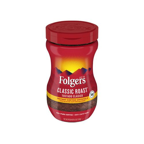 Folgers Instant Coffee Crystals Classic Roast, 12-Ounce Jar