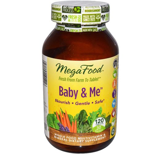 MegaFood, Baby & Me, prenatal vitamin with folic acid, iron & herbs, non-GMO, vegetarian, take 4 tablets daily, 120 tablets (30 day supply)