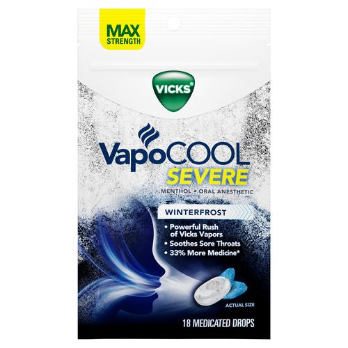 Vicks Vapocool Severe Medicated Sore Throat Drops  Fast-Acting Max Strength Relief  Powerful Vicks Vapors  Menthol  Winterfrost Flavor  18 Ct