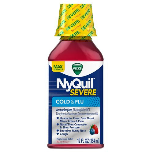 Vicks NyQuil Severe Cold and Flu Medicine  Liquid Over-the-Counter Medicine  Berry  12 Oz