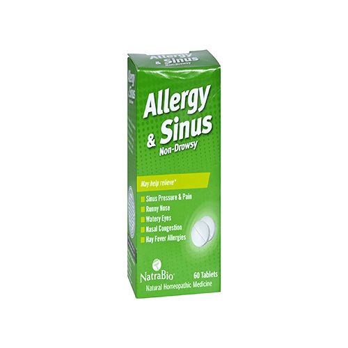 NatraBio Allergy & Sinus Homeopathic Formula  For Temporary Relief of Sinus Pressure & Pain, Congestion, Hay Fever Allergies  Non-Drowsy  60 Tabs