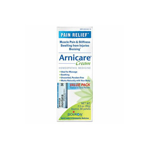 Boiron Arnicare Cream & Arnica Montana 30C  Homeopathic Medicine for Pain Relief  Muscle Pain & Stiffness  Swelling from Injuries  Bruises  2.5 oz Cream and 80 Pellets Value Pack