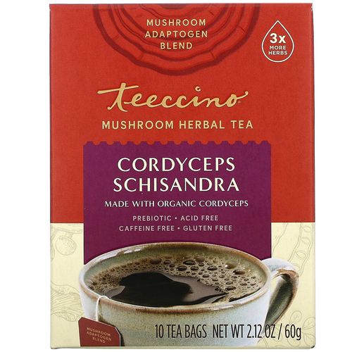 Teeccino Mushroom Herbal Tea, Cordyceps Schisandra, Caffeine Free, 10 Tea Bags, 2.12 oz (60 g)