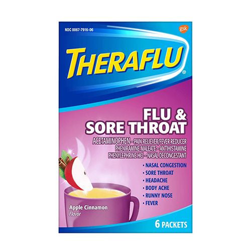 Theraflu Flu & Sore Throat Powder, Apple Cinnamon Flavor, 6 Packets