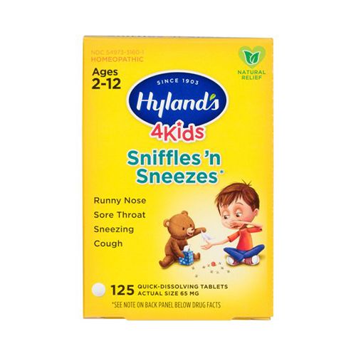 Hyland's 4 Kids Sniffles 'n Sneezes Tablets, Natural Symptomatic Relief of Cold Symptoms for Kids, 125 Quick Dissolving Tablets