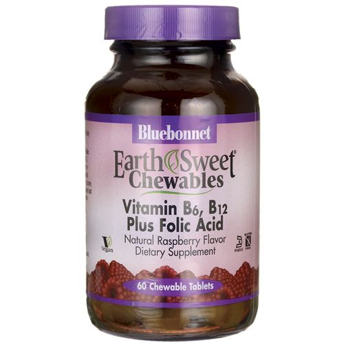 Bluebonnet Nutrition Earthsweet Vitamin B6  B12  plus Folic Acid Chewables  Natural Raspberry  60 Ct