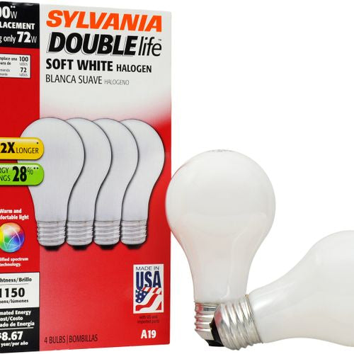 Sylvania Double Life 72W Halogen Light Bulbs, Soft White, 4-Pack