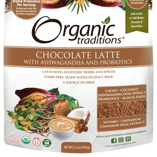 Organic Traditions Latte- Chocolate with Ashwagandha and Probiotics, 5.3oz