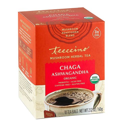 Teeccino Mushroom Herbal Tea, Organic Chaga Ashwagandha, Caffeine Free , 10 Tea Bags, 2.12 oz (60 g)