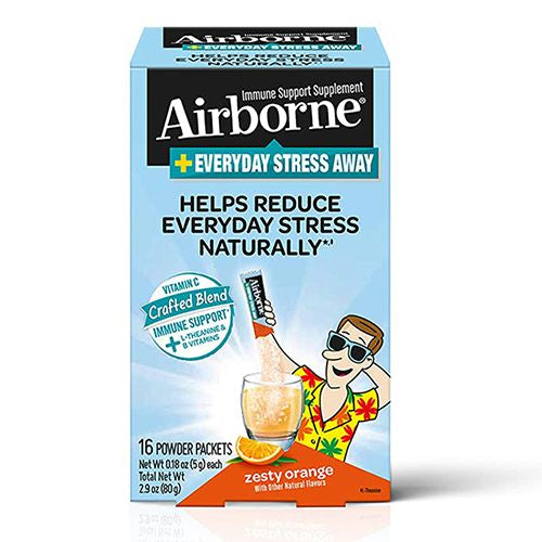 Airborne Stress Away Immune Support Supplement, Zesty Orange (16 Powder Packets) (Packaging May Vary)