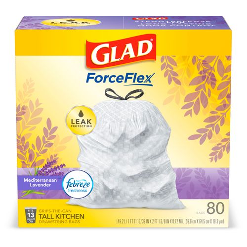Glad ForceFlex Tall Kitchen Trash Bags  13 Gallon  Gain Lavender with Febreze  80 Count