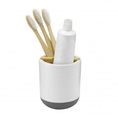 Full Circle Keep It Clean Ceramic Toothbrush Holder with Dry Earth Absorbent Disk - White & Gray