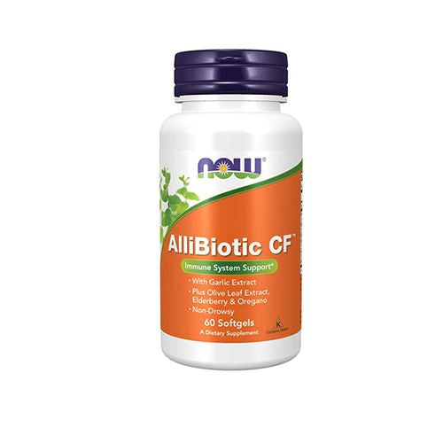 NOW Supplements  AlliBiotic CF™  with Garlic Extract  Olive Leaf Extract  Elderberry & Oregano  Non-Drowsy Formula  60 Softgels