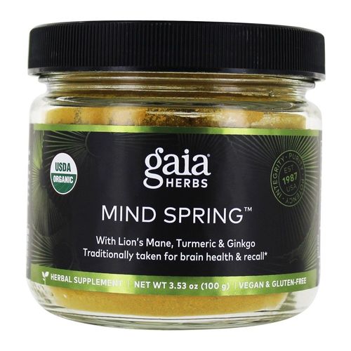 Gaia Herbs Mind Spring - Herbal Mushroom Supplement Powder to Help Maintain Brain Health and Recall - With Lion’s Mane  Turmeric Curcumin  and Ginkgo - USDA Certified Organic - 3.53 Oz