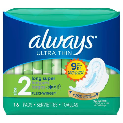 Always Ultra Thin Super Pads with Wings  Unscented  Size 2  16 Ct