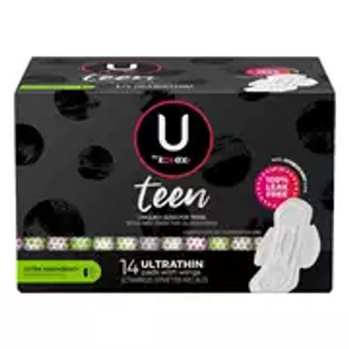 U by Kotex Teen Ultra Thin Feminine Pads with Wings, Extra Absorbency, Unscented, 42 Count, Size: One Size